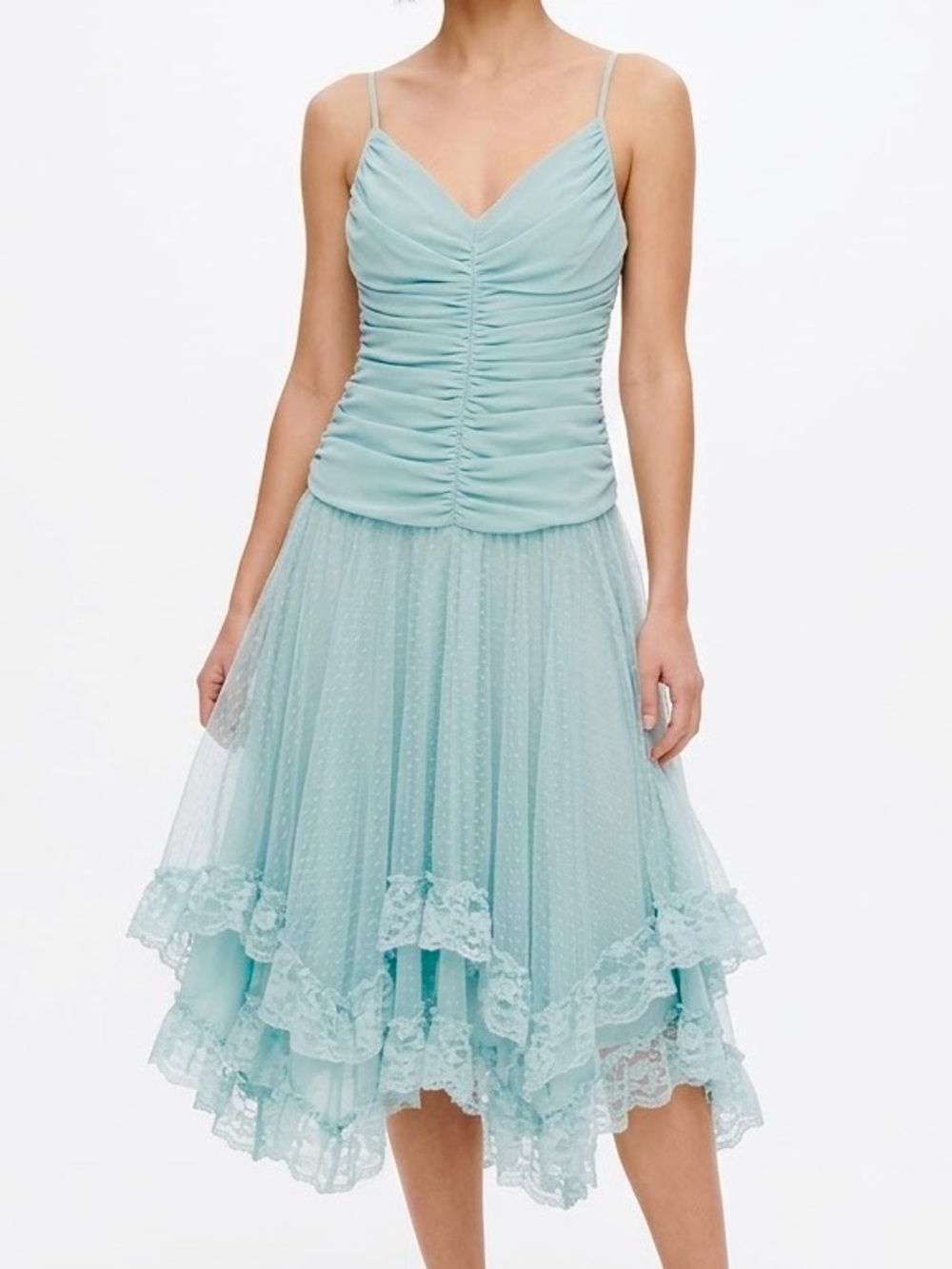BY NIGHT Vintage Pale Blue Midi Dress Ruched Lace Layered Handkerchief Y2K Small